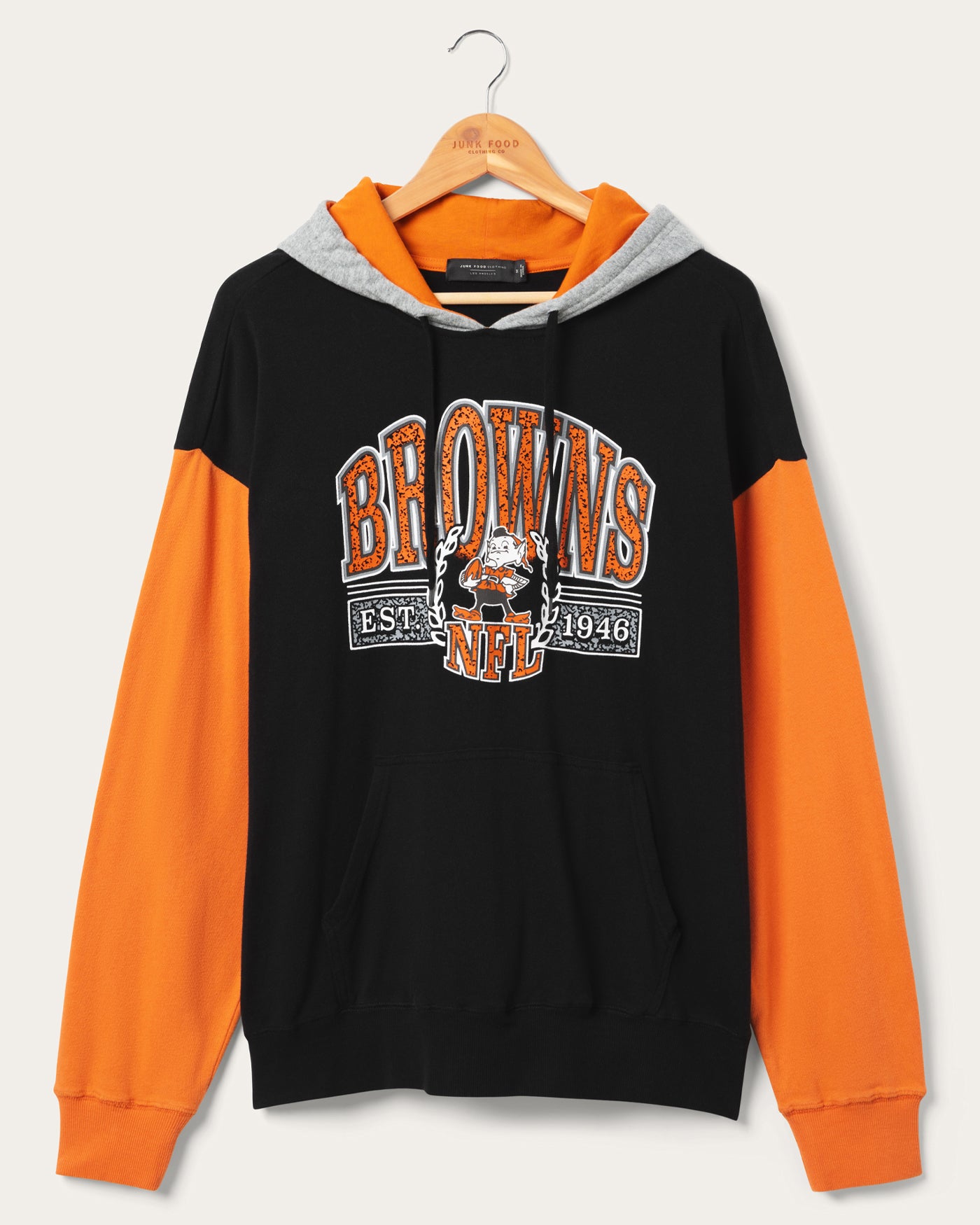 cleveland browns gear Cleveland Browns Tri Color Block Hoodie | Midnight/Orange/Heather Grey | Size XS