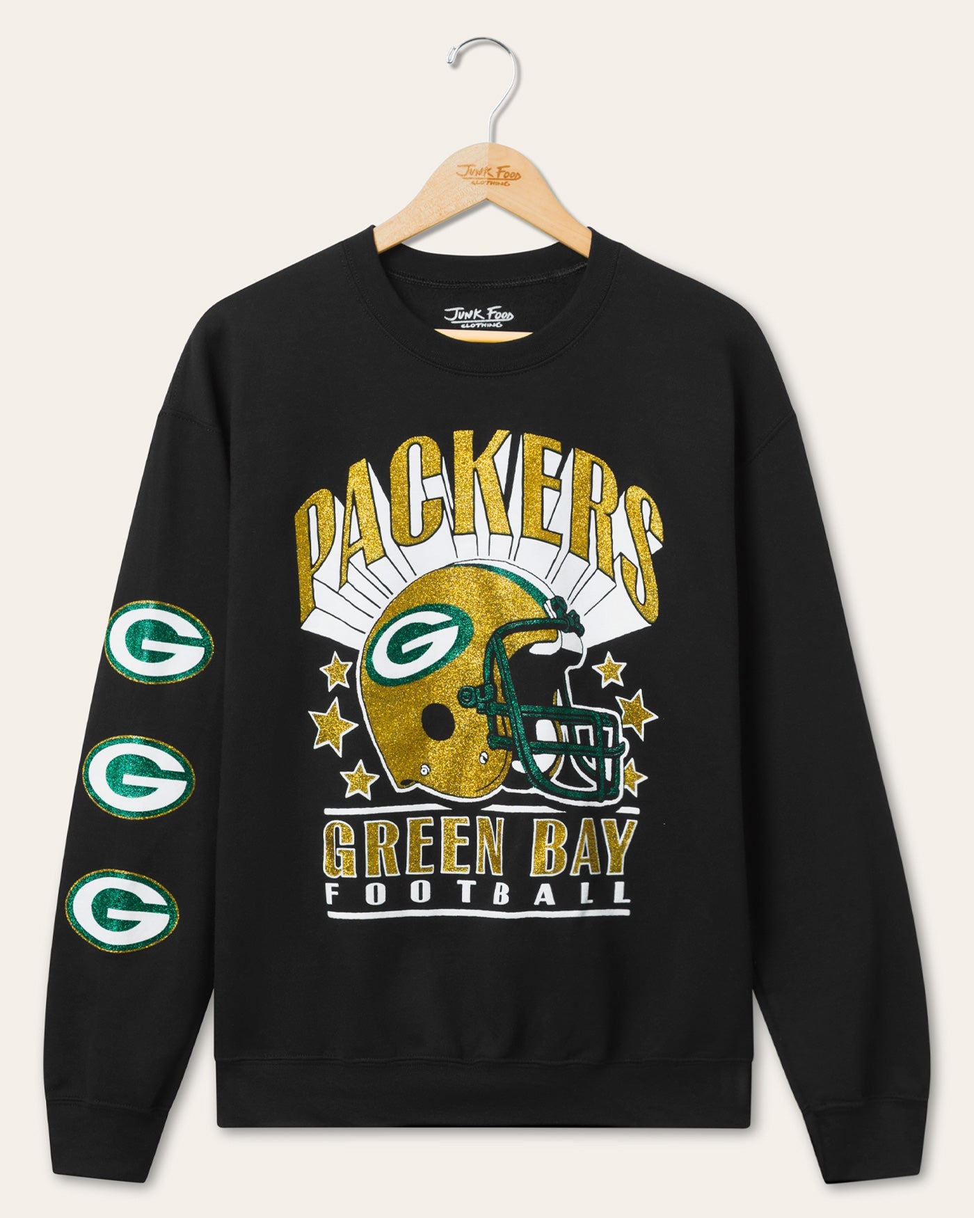 Green Bay Packers Glitter Helmet Flea Market Crew Fleece | Black | Size XXL