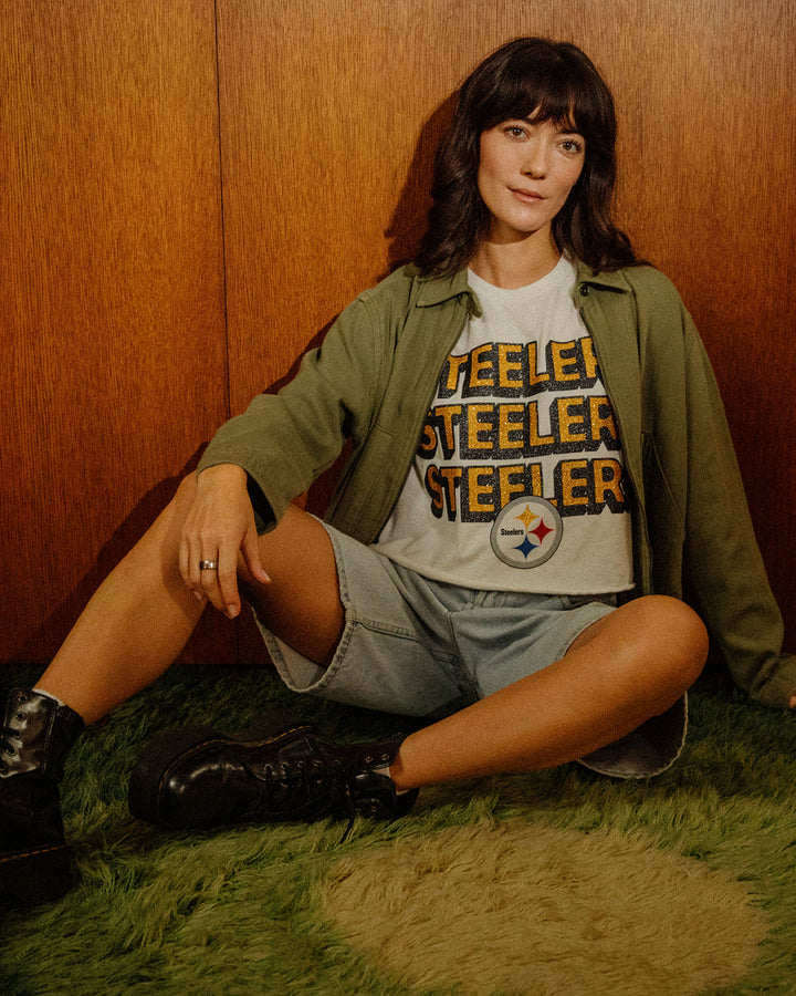 Women's Pittsburgh Steelers Repeat Glitter Flea Market Crop Tee