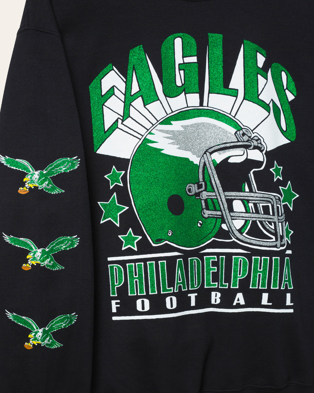 Philadelphia Eagles Glitter Helmet Flea Market Crew Fleece
