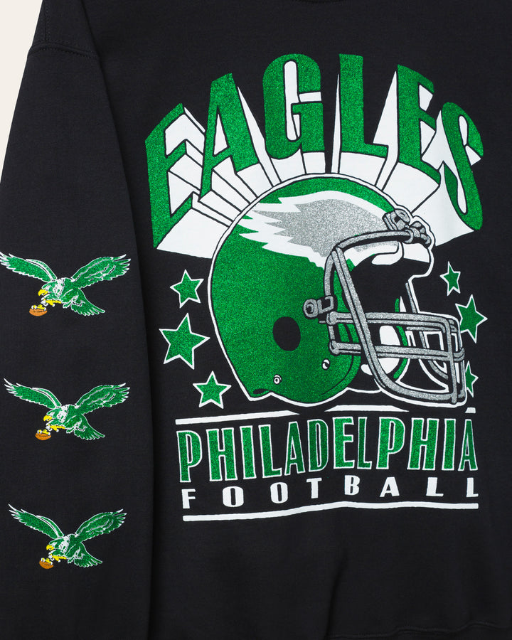 Philadelphia Eagles Glitter Helmet Flea Market Crew Fleece