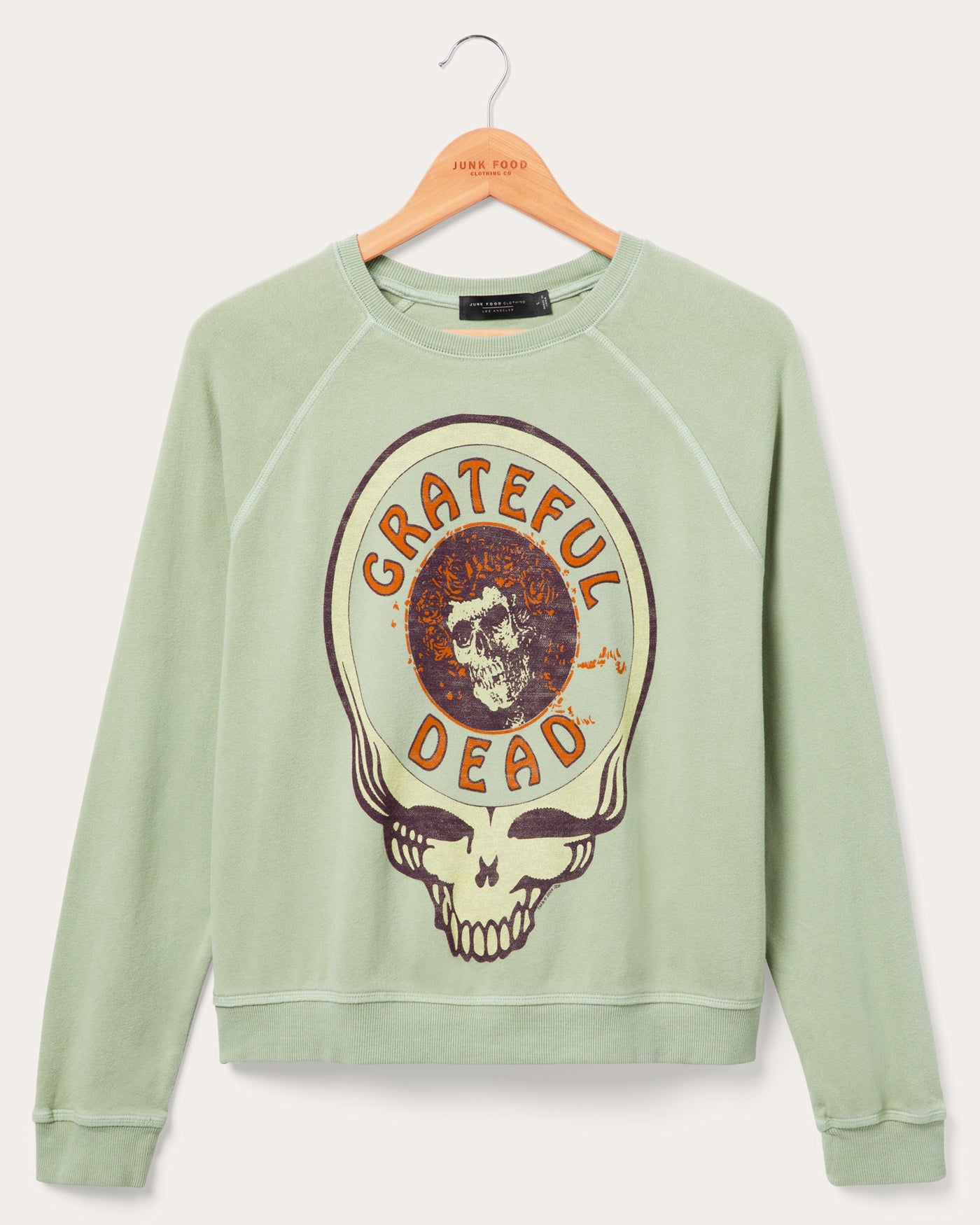 junk food clothing Women's Grateful Dead Skull Raglan Crew Fleece Sage