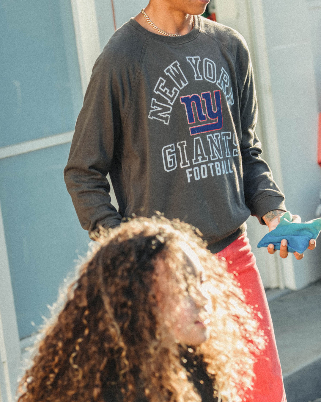 Women's New York Giants Flocked Raglan Crew Fleece