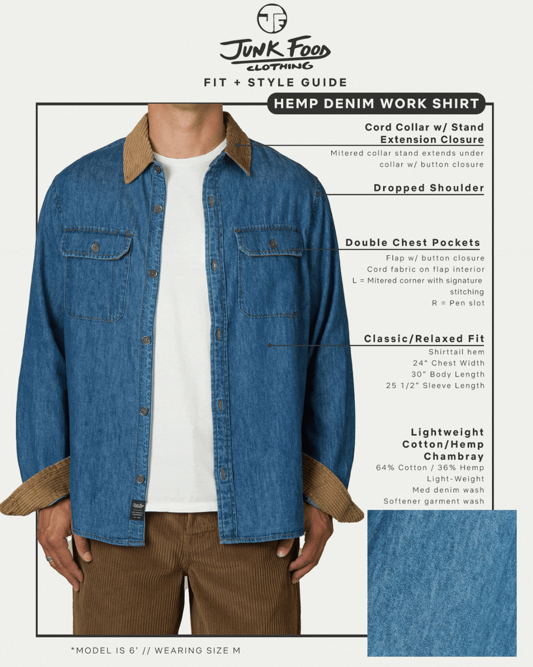 Unisex Hemp Denim Corded Collar Work Shirt – Junk Food Clothing