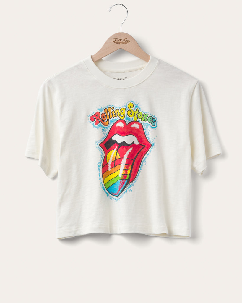 Women's The Rolling Stones Rainbow Hot Lips Mock Neck Crop Tee