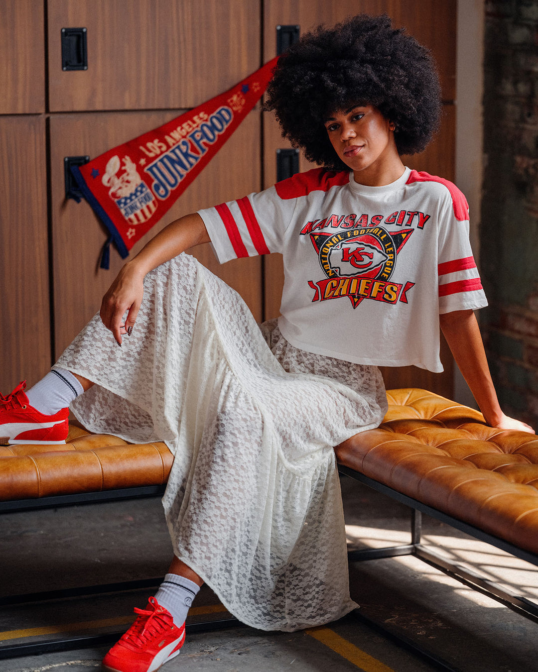 Women's Kansas City Chiefs Striped Crop Tee