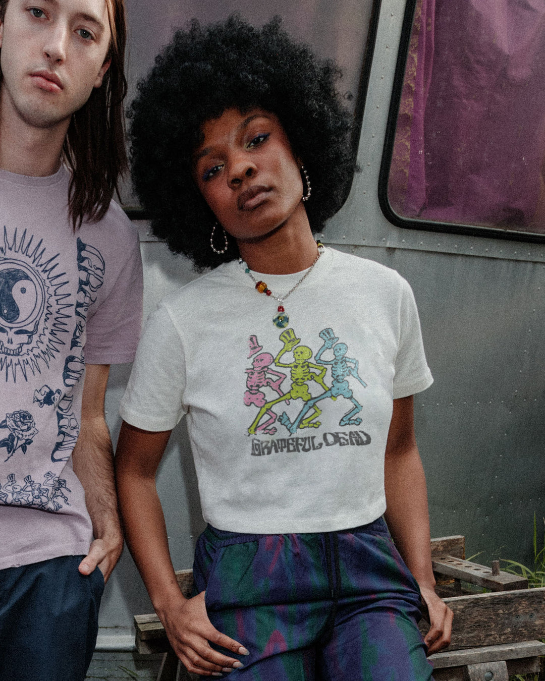 Women's Grateful Dead Dancing Skeletons Crop Mock Neck Tee